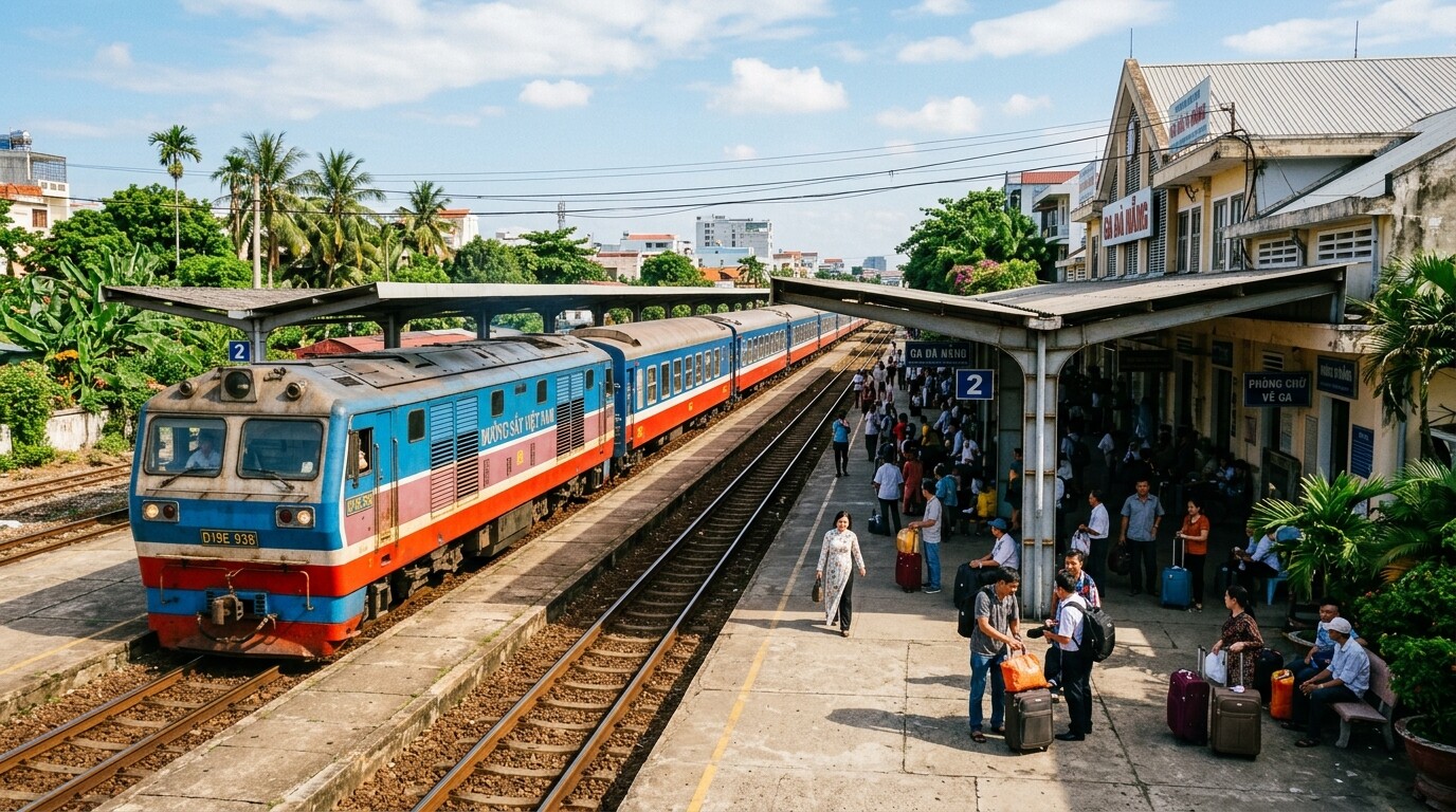 ダナン駅のプラットフォームに到着する色鮮やかな統一鉄道。