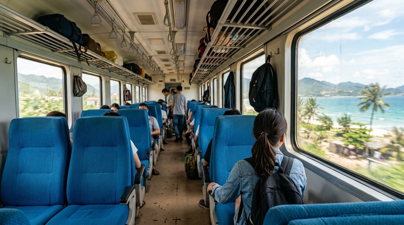 ベトナム鉄道のソフトシート車両の清潔でモダンな内装。