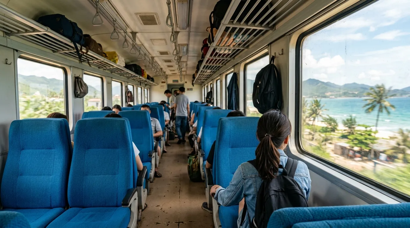 ベトナム鉄道のソフトシート車両の清潔でモダンな内装。
