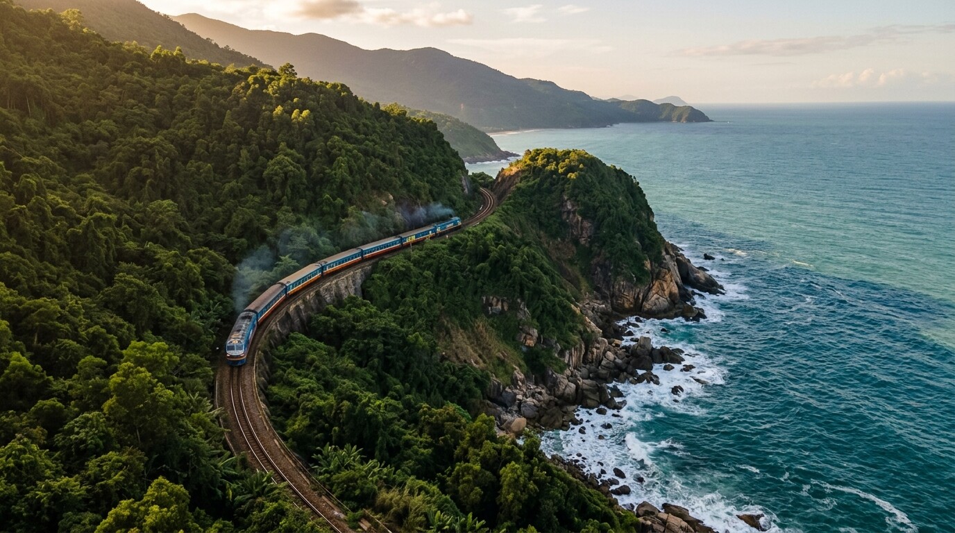 ハイヴァン峠の美しい海岸沿いの崖を走る列車の空撮。