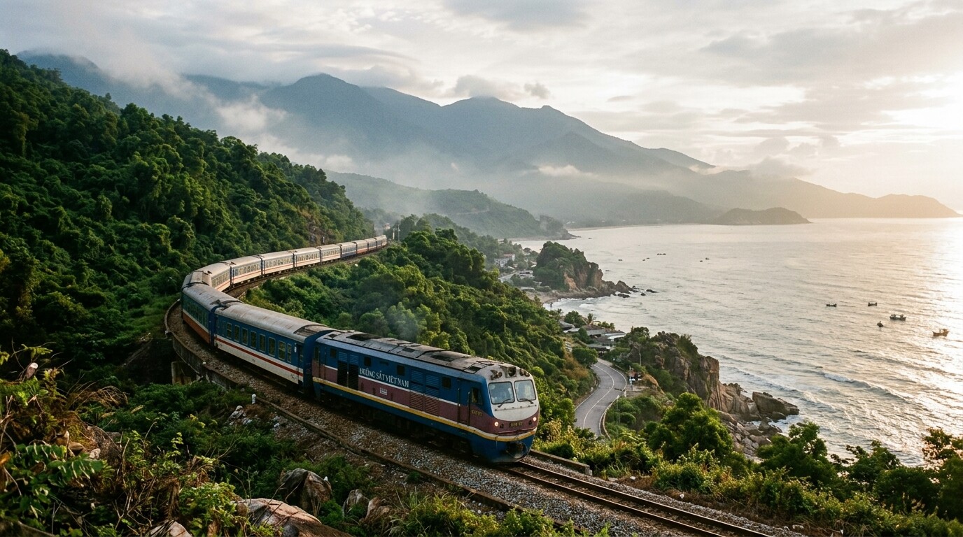 A Vietnam Railways train traveling along the scenic coastal Hai Van Pass at sunrise.
