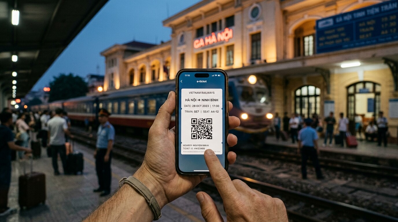 A person holding a smartphone showing an e-ticket QR code at a Vietnamese train station.