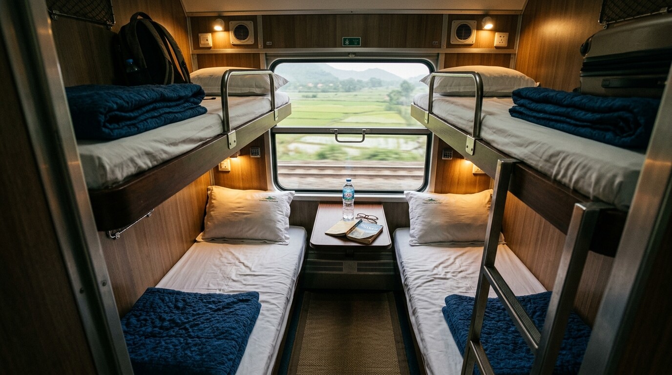 Interior of a comfortable four-berth soft sleeper cabin on a Vietnamese overnight train.