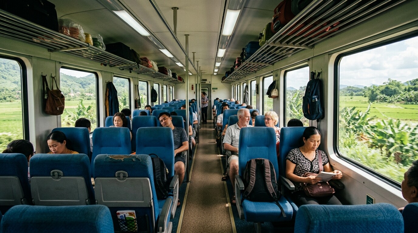 Modern interior of a Vietnam train carriage featuring rows of comfortable blue soft seats.