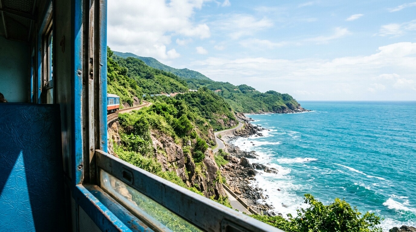 Stunning coastal view of the East Sea from a Vietnam train window near Da Nang.