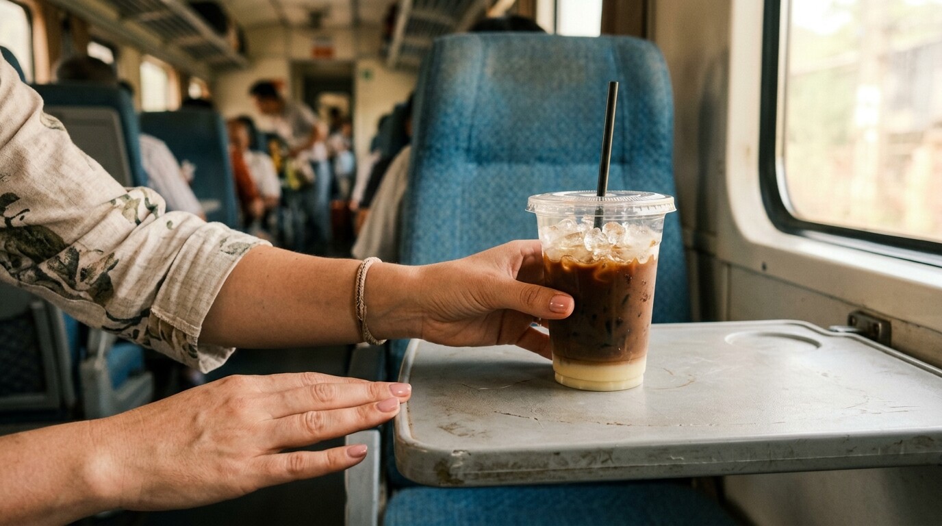 Vietnamese iced coffee on a train tray table inside a soft seat carriage.