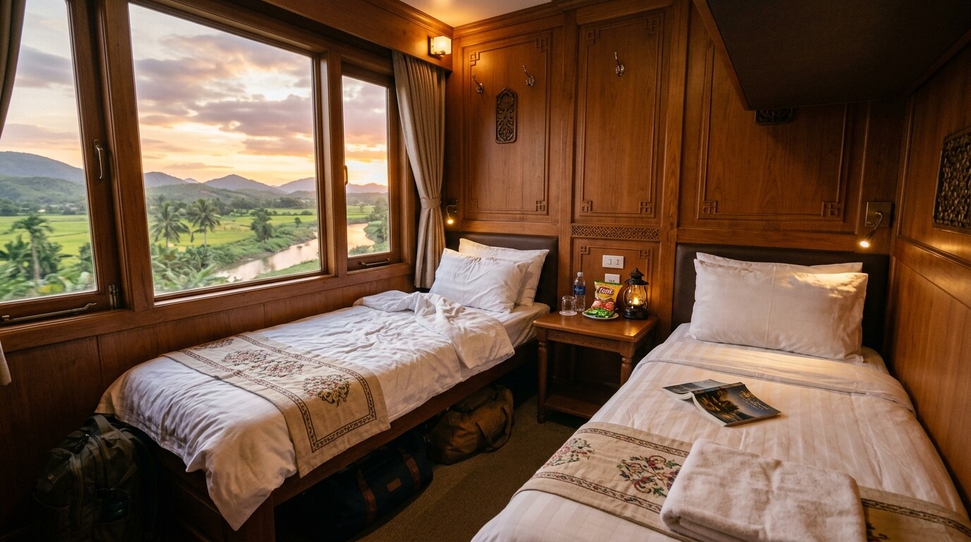 Luxury two-berth VIP train cabin with wood paneling and plush white bedding.