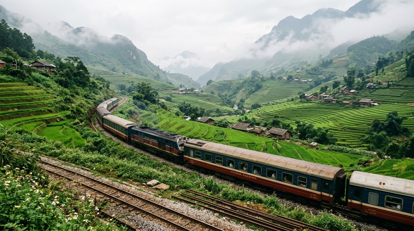 A passenger train traveling through the misty green mountains and rice terraces of Sapa.