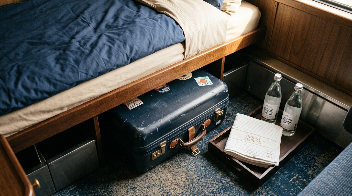 Organized luggage storage space and complimentary amenities inside a VIP sleeper train cabin.