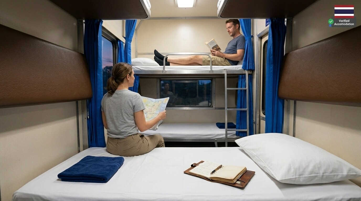 A soft sleeper cabin interior on a Vietnamese train.