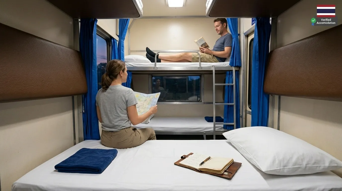 A soft sleeper cabin interior on a Vietnamese train.