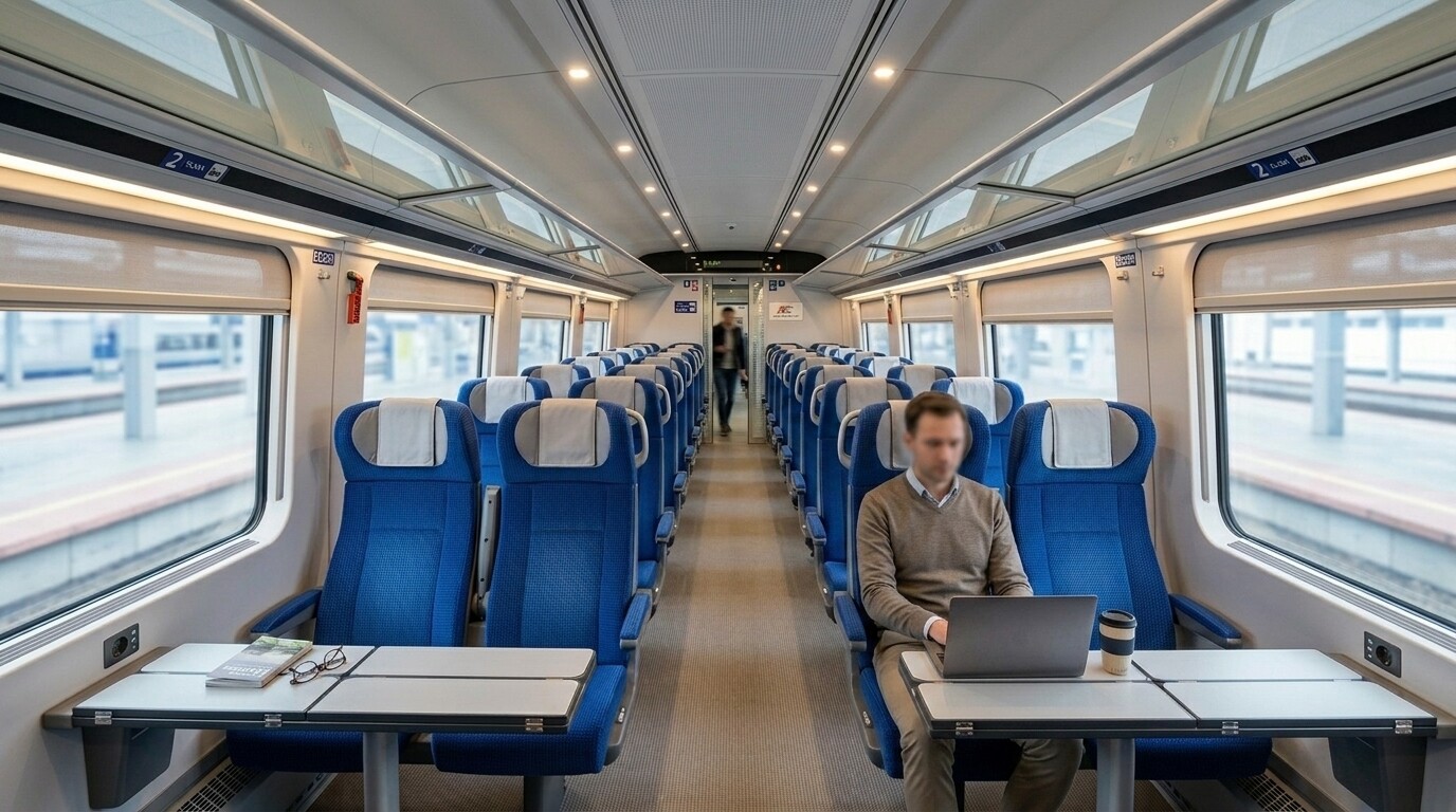 A modern Vietnamese passenger train in the countryside.