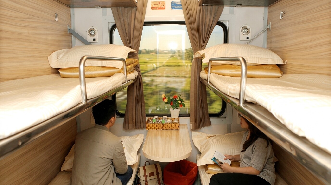 A wide-angle eye-level shot of a Vietnam Railways hard sleeper compartment showing three tiers of bunks on each side