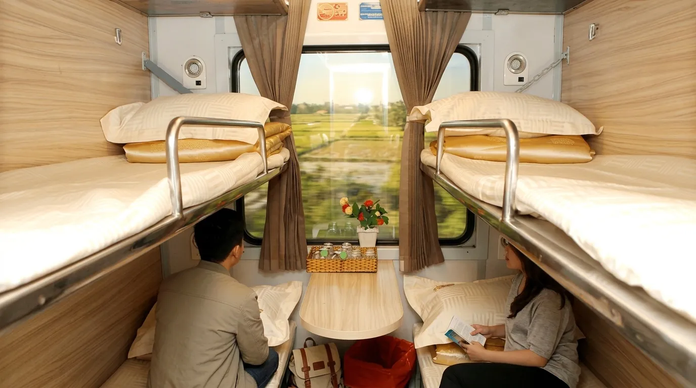 A wide-angle eye-level shot of a Vietnam Railways hard sleeper compartment showing three tiers of bunks on each side