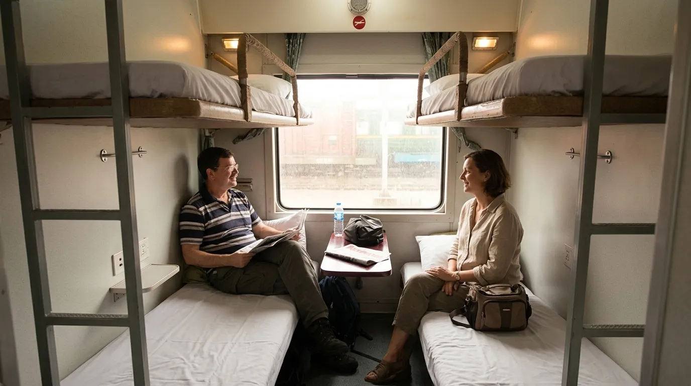 A realistic eye-level interior shot of a narrow Vietnamese hard sleeper cabin, highlighting the steep vertical metal ladder