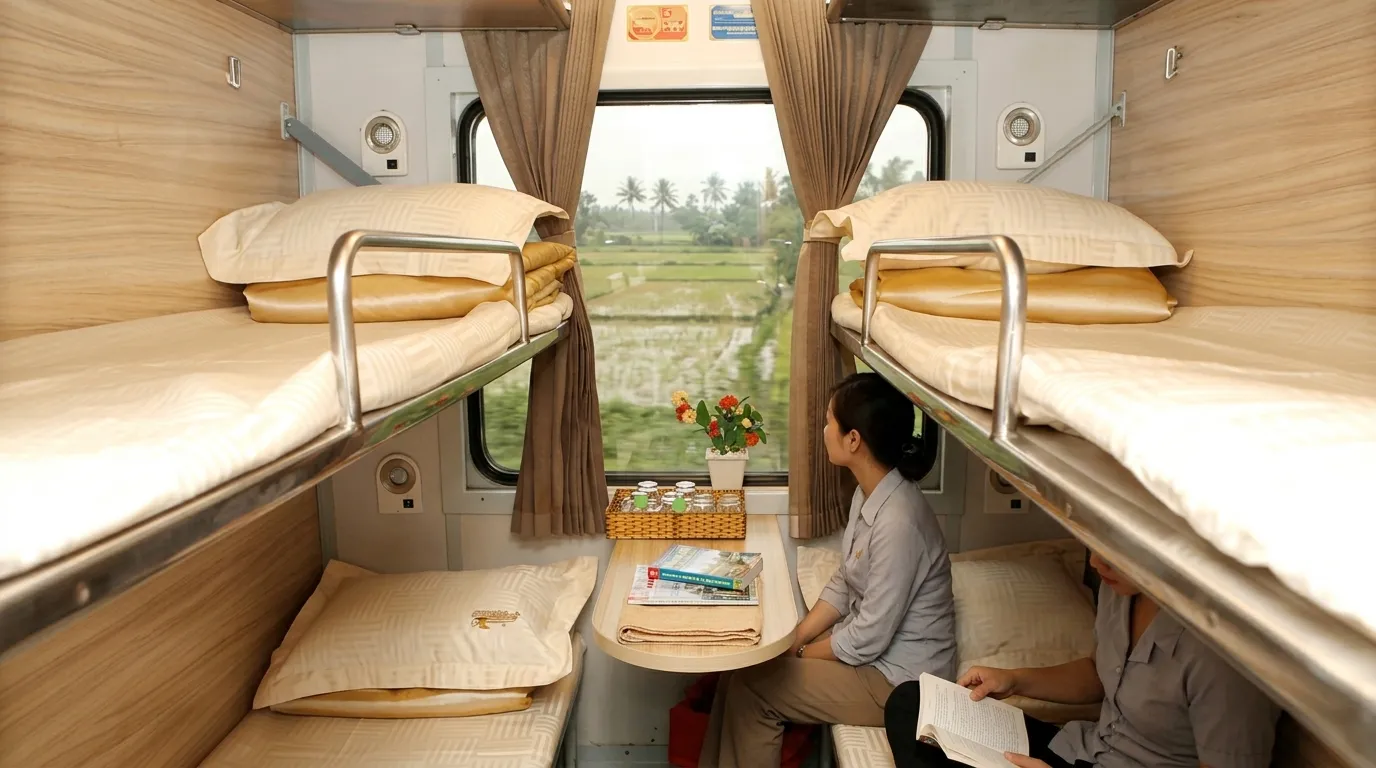 A realistic eye-level interior shot of a narrow Vietnamese hard sleeper cabin