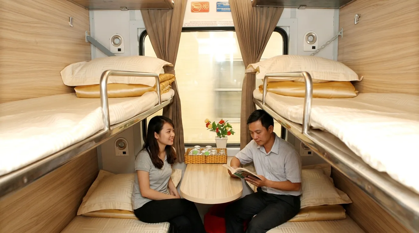 A realistic eye-level shot inside a Vietnam Railways 6-berth hard sleeper cabin during the day