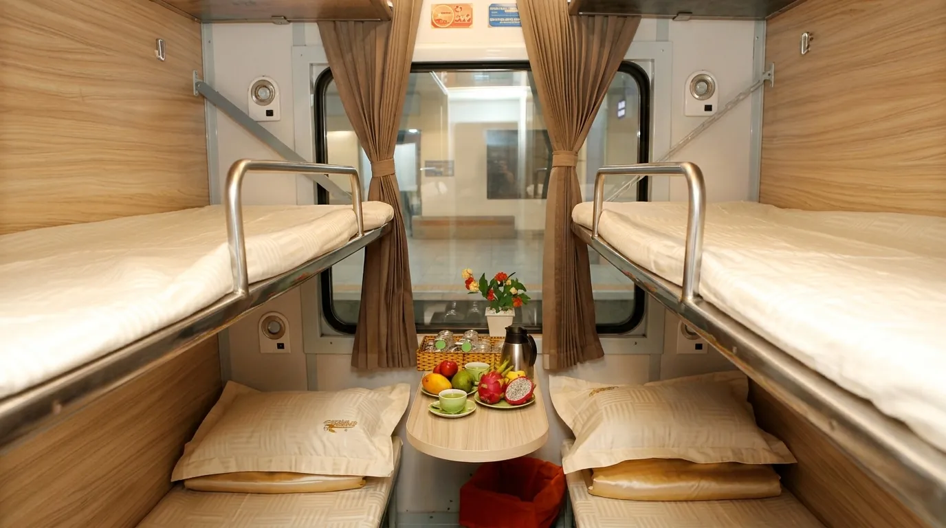 A realistic eye-level interior shot of a luxury 2-berth VIP sleeper cabin on a Vietnamese train