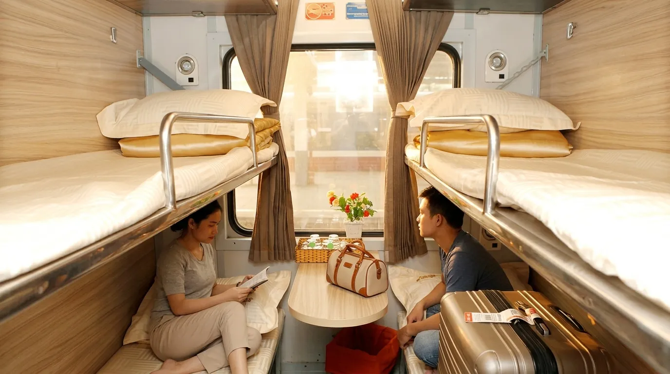A wide-angle interior shot of a VIP 2-berth sleeper cabin on a Vietnamese train during the day