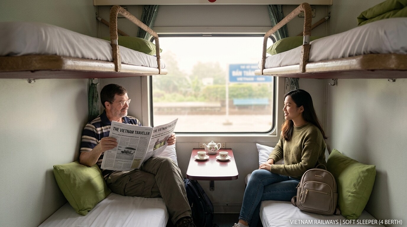 A natural, eye-level three-quarter interior view of a contemporary Vietnam Railways soft sleeper cabin during the morning golden hour