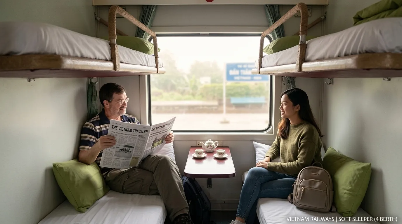 A natural, eye-level three-quarter interior view of a contemporary Vietnam Railways soft sleeper cabin during the morning golden hour
