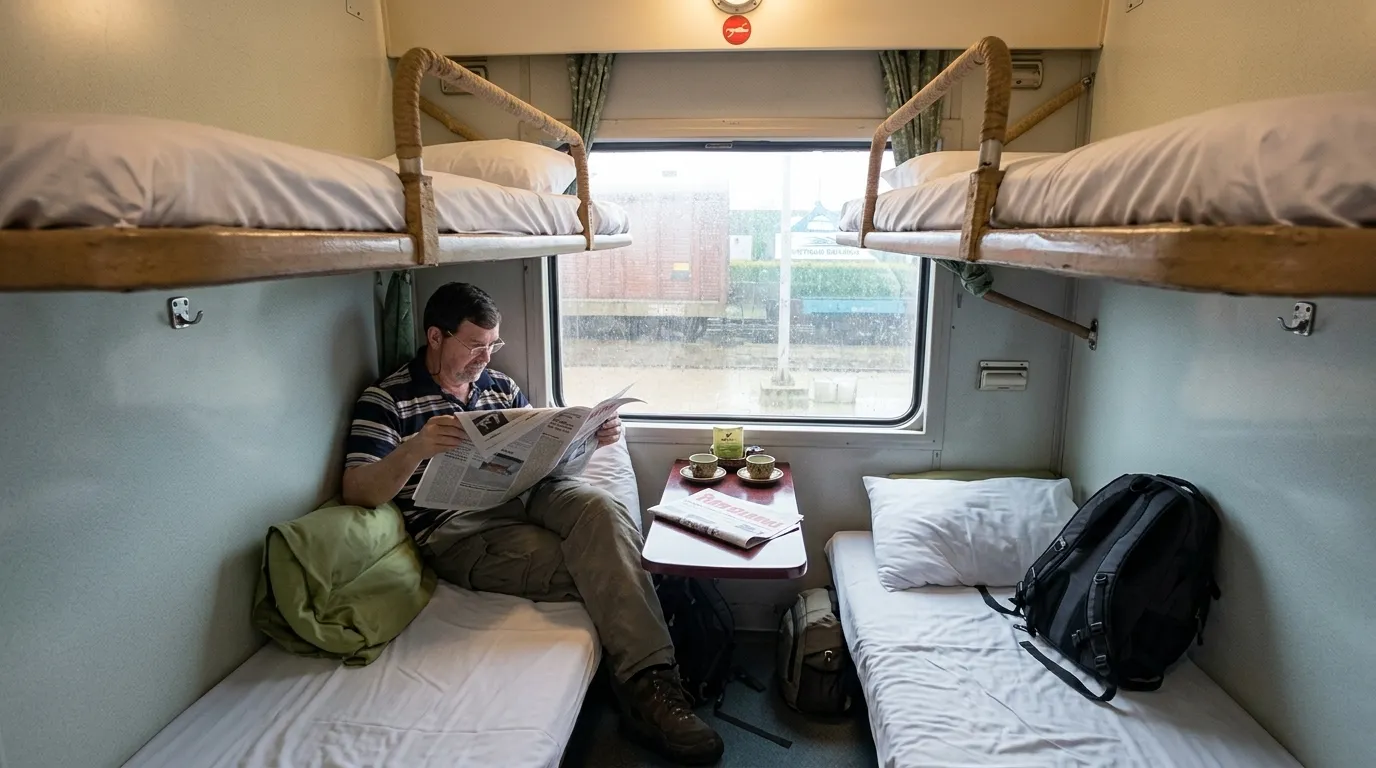 A high-angle interior shot looking down from the top bunk of a Vietnam Railways 4-berth soft sleeper cabin
