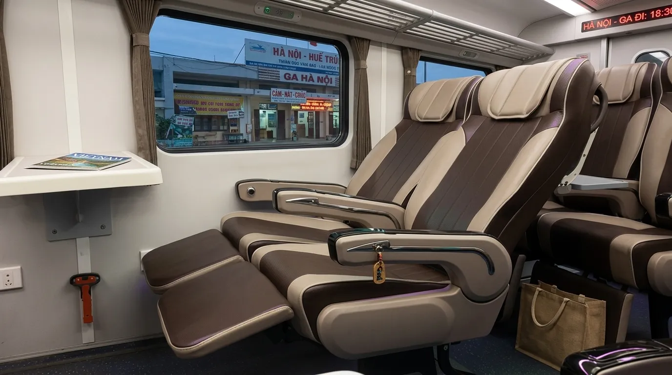 A three-quarter interior wide shot of a contemporary Vietnamese soft seat carriage in motion during a bright, overcast afternoon