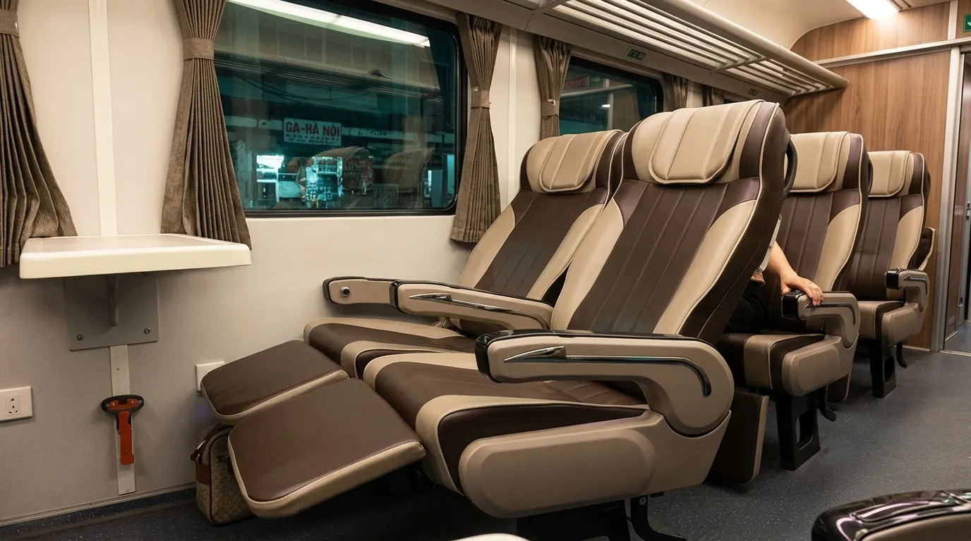 A realistic, eye-level interior detail shot within a Vietnamese soft seat carriage, focusing on the practicalities of a journey